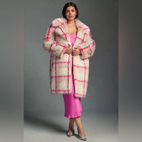 NVLT Anthropologie Tartan Plaid Faux Fur Coat - Pink and White - Picture 9 of 15